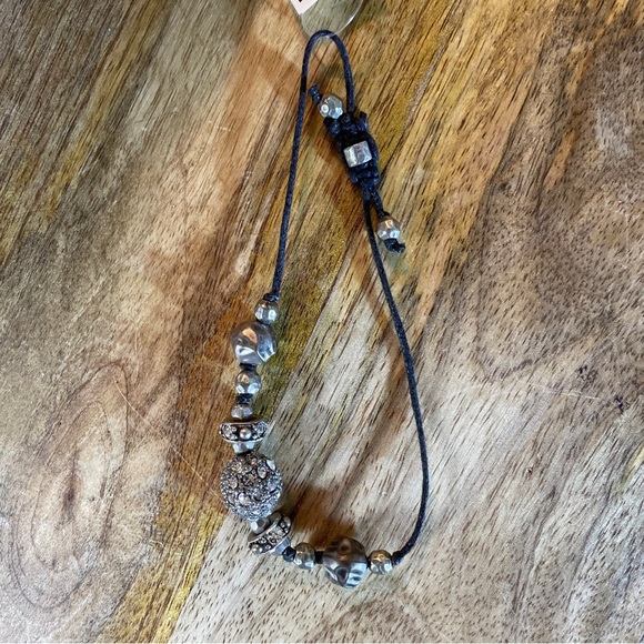 Adjustable Black String Bracelet Rhinestone Pearl Silver Tone Beads LARGE Wrist - Picture 8 of 14